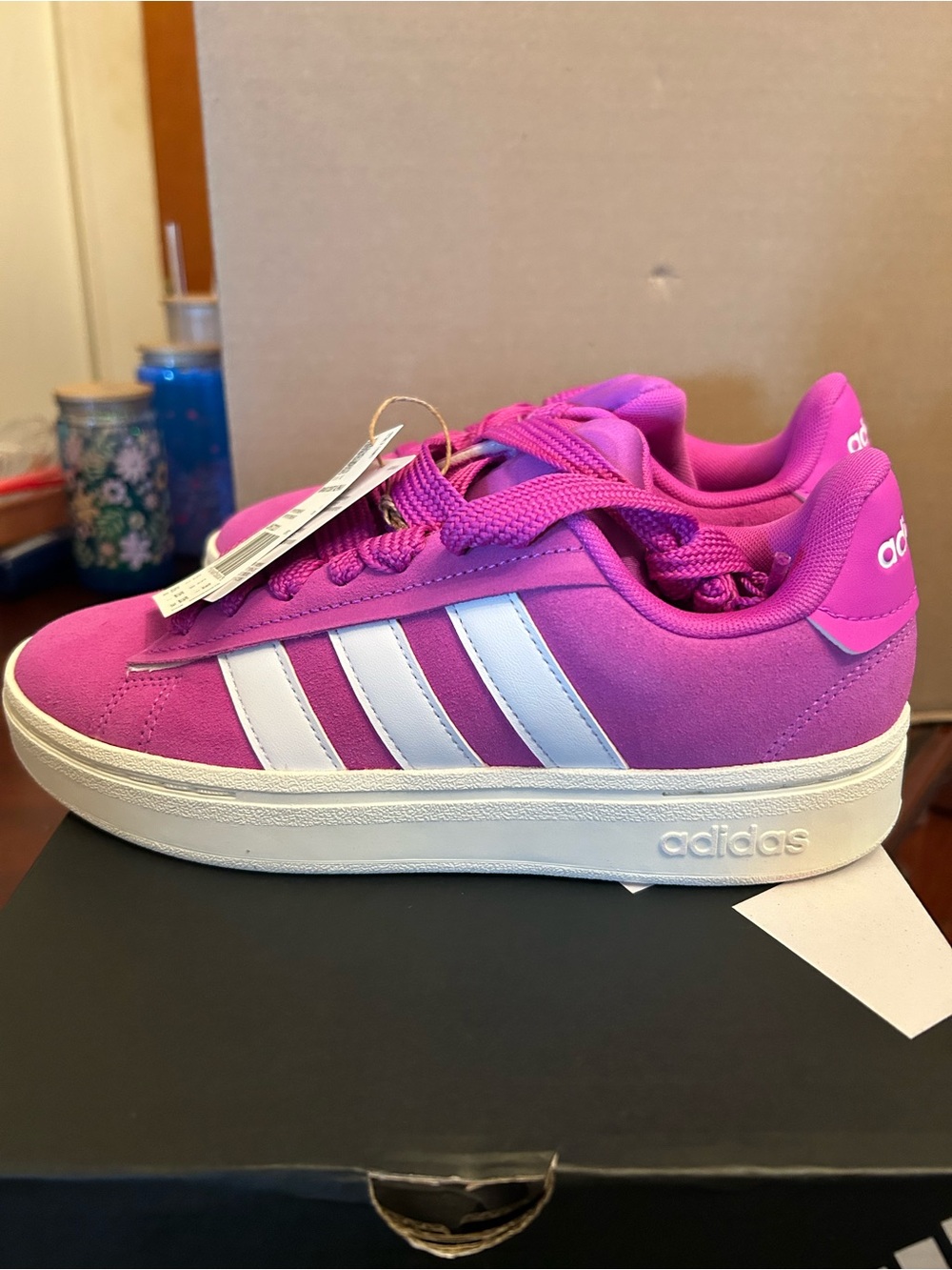 adidas Magenta Platform Sneakers with White Stripes